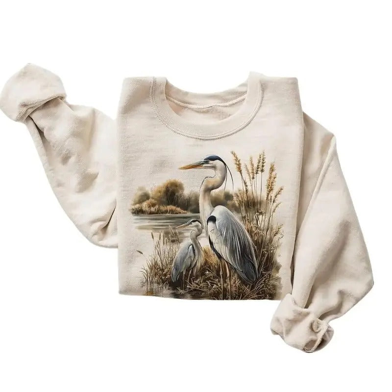 Retro Great Blue Heron Marsh Scene Sweatshirt - 90s Birding Bird Lover Gift - Birds Wildlife Nature Outfit - Boho Unisex...