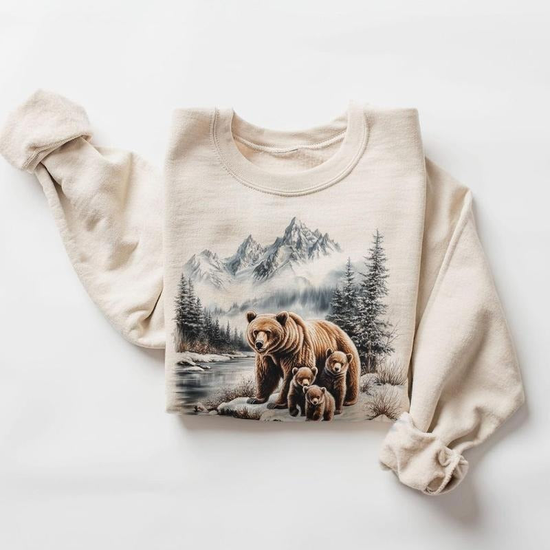 Retro Grizzly Bear Mama & Three Cubs Mountain Scene Sweatshirt - Nineties 90s Vintage Brown Bears Cotton Pullover Menswear Day