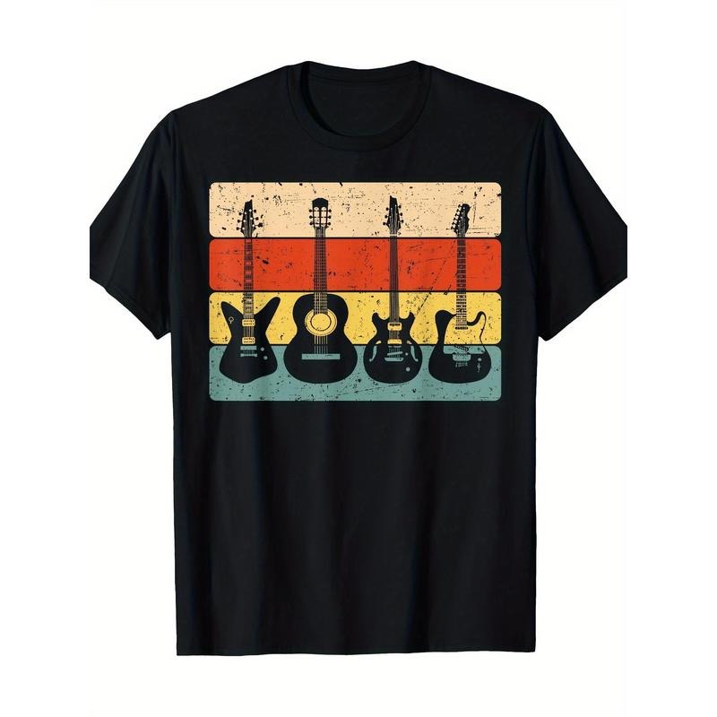 Retro Guitar Graphic Print T-Shirt, 100% Cotton, Classic Rock Guitarist Design, Regular Fit, Short Sleeve, Crew Neck, Slight Stretch, Geometric Pattern, Casual Pullover for Adults, All-Season Made in USA
