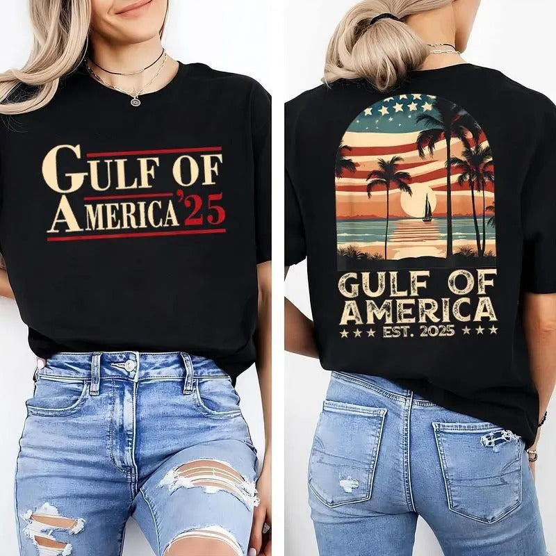 Retro Gulf Of USA America Est 2025 American Flag Gulf Mexico Shirt, Gift For Trump Supporters, Full Color Graphic Printed Unisex Classic Cotton