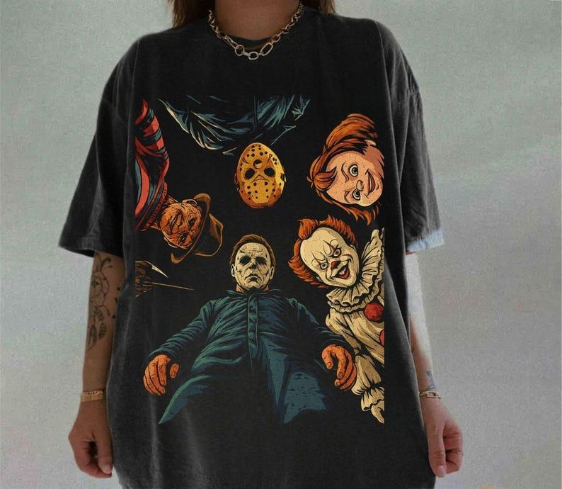 Retro Halloween Characters Tshirt, Vintage Halloween Horror Movie Shirt, Trendy Graphic Scary Movie Tee, Spooky Season