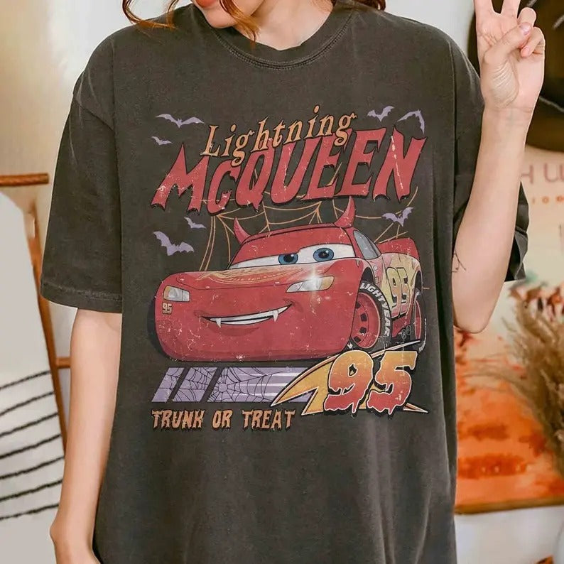 Retro Halloween Shirt, Halloween Car Shirt, Lightning Mcqueen Shirt, Halloween Family Trip Shirt, Trick Or Treat Shirt Top Womenswear