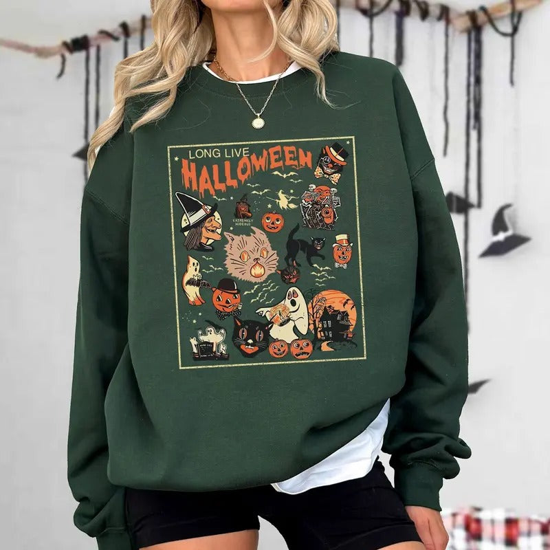 Retro Halloween Sweatshirt, Long Live Halloween Sweater, Halloween Black Cat Shirt, Fall Halloween Witch T-Shirt, Vintage 90s Halloween Sweater, Halloween Vibes Shirt