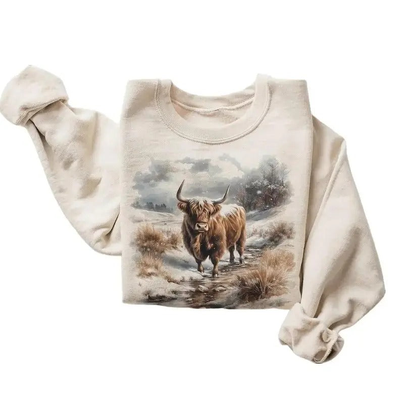 Retro Highland Cow Sweatshirt - Nineties 90s Vintage Scottish Cows In Nature Scene Outfit - Boho Unisex Cotton Menswear