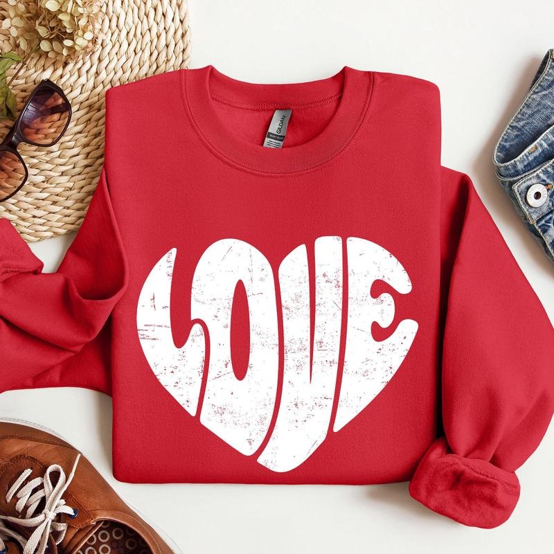 Retro Love Heart, Vintage, Sweatshirt, Valentine's Day, Crew Neck, Women's, Crewneck, Valentine's Day, Love, Heart, Cupid...