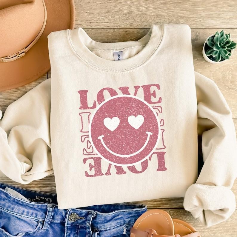 Retro Love Smiley Face Valentine Sweater, Girlfriend Valentines Day Gift, Be Mine Smile Happy Hoodie and Sweater; T-shirt Cotton Menswear Polyester Tops