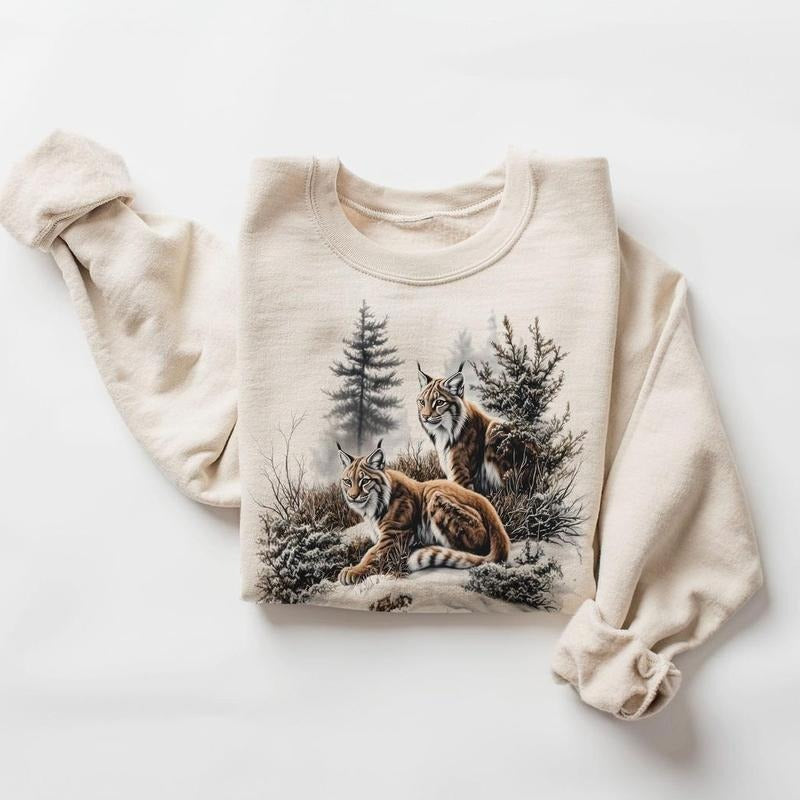 Retro Lynx Winter Forest Scene Sweatshirt - Nineties 90s Vintage Lynxes In The Snow Unisex Crewneck Sweatshirt Cotton Pullover Womenswear Day