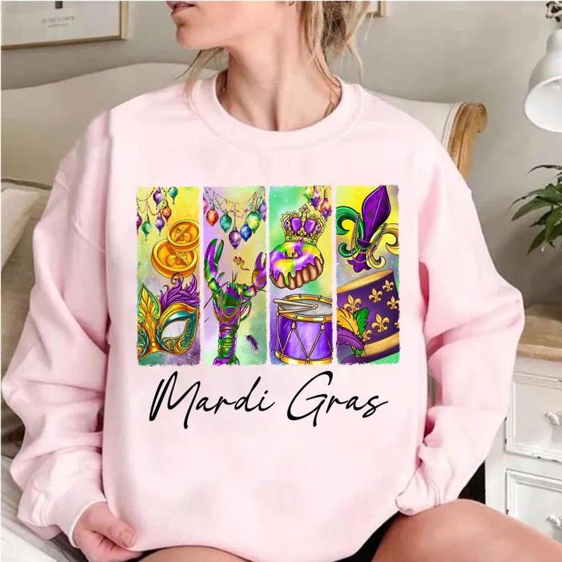 Retro Mardi Gras sweatshirt-hoodie-tshirt, Fleur De Lis tshirt, Brushstroke Mardi Gras sweatshirt, Glitter, Mardi Gras Coquette hoodie, King Cake tshirt, Louisiana Crawfish hoodie
