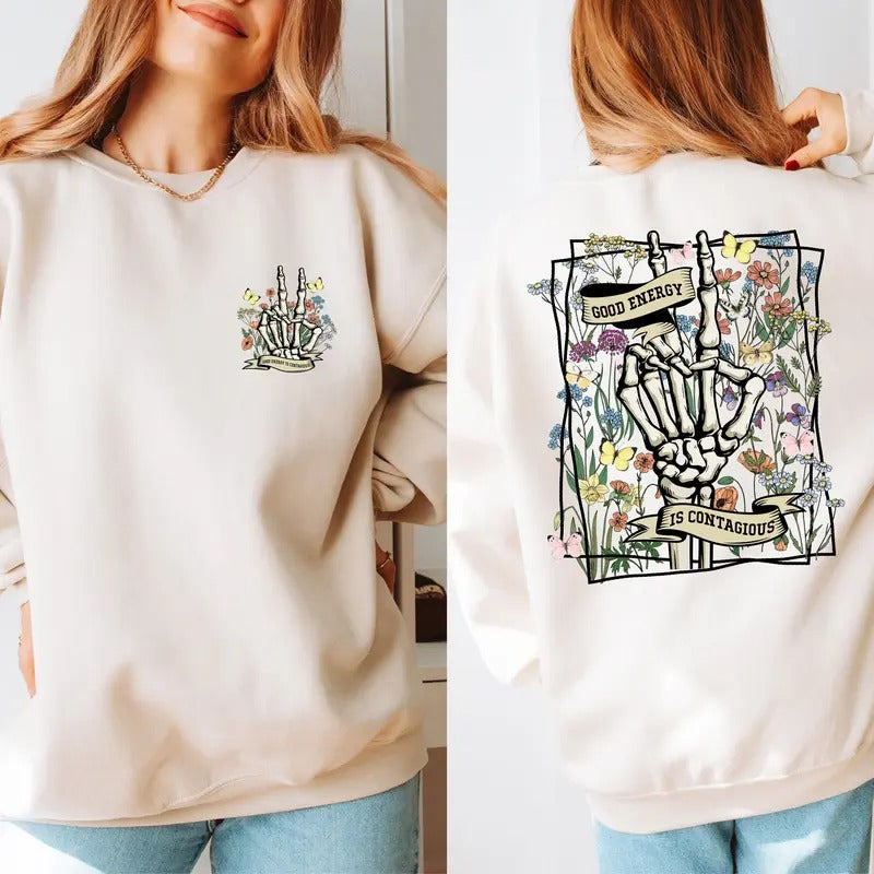 Retro Mental Health Sweatshirt Good Energy Is Contagious Mental Health Sweatshirt Mental Health Sweater Skull Skeleton Wild Flower Shirt