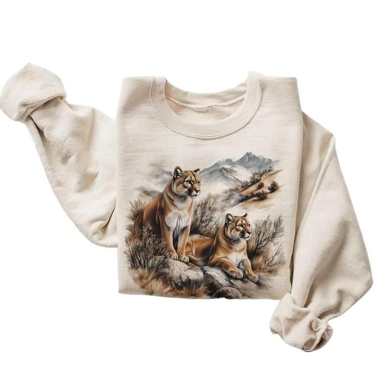 Retro Mountain Lion Mountain Winter Scene Sweatshirt - Tshirt Vintage Cougar Cat Wildlife Outfit - Boho Unisex Cotton Pullover Menswear Day