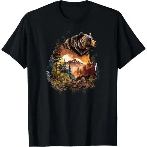 Retro Mountain Nature Animal Wildlife Forest Outdoors Bear T-Shirt Made in USA