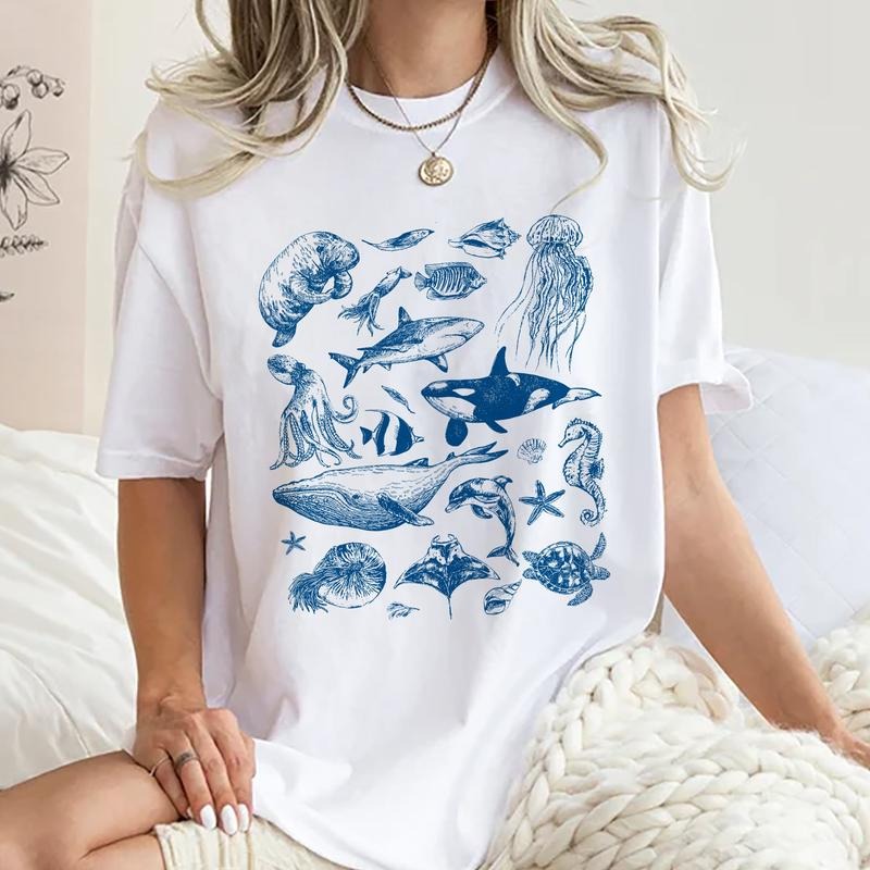 Retro Ocean Nature Vintage Tee, Vintage 90s Tattoo Sea Animal Graphic Tee Women, Marine Animals Unhinged Shirts, Marine Life T-shirts, Unisex Beach Lover Comfy Oversized Graphic Tee, Women's Tops, Womenswear, Cotton Fabric Relaxed Fit Chic Style