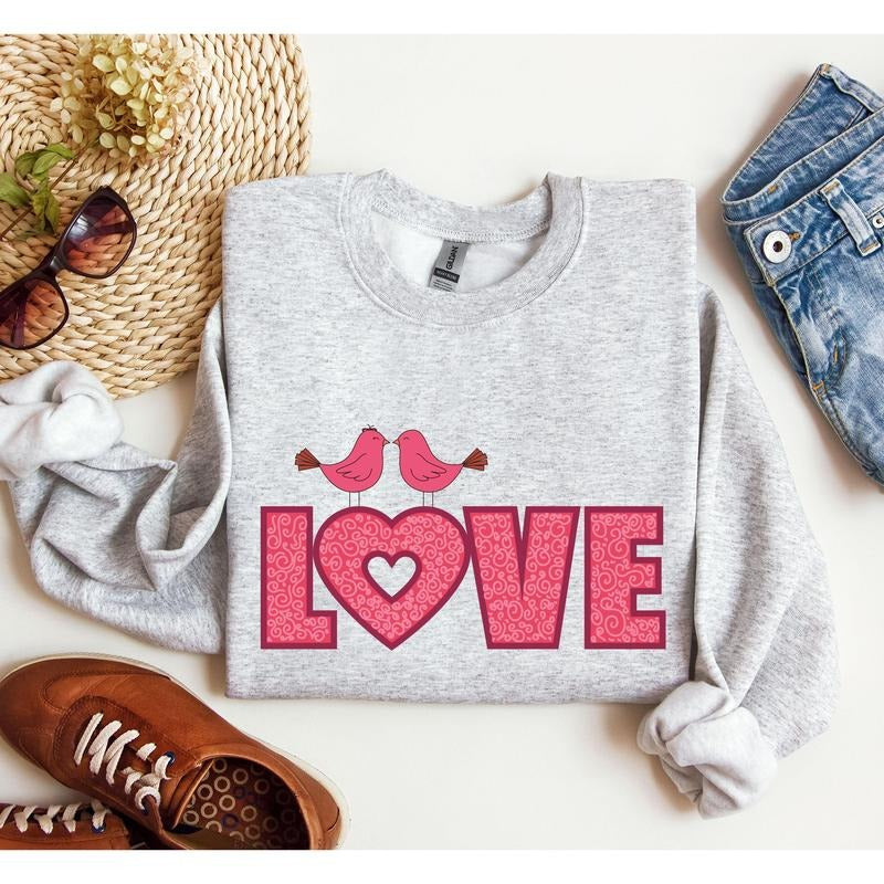 Retro Pink Love Birds Sweatshirt, Vintage Valentine's Day Sweatshirt, Crew Neck, Women's, Crewneck, Valentine's Day,...