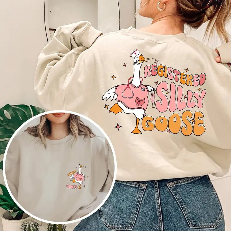 Retro Pink Nurse Silly Goose Sweatshirt, Funny Nursing Student Shirt, Nurse Appreciation Shirt, Pediatric Nurse, Silly Goose Lover Gift, Shirt For Men And Women Casual Crewneck Cotton Fit, T-shirt, Sweatshirt, Gift For All