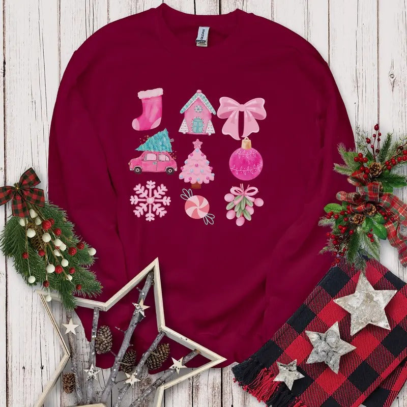 Retro Pink Xmas Sweatshirt, Girly Pink Aesthetic, Xmas Gifts for Her, Collage Sweatshirt Cheerful Pink Vibes,Cozy Winter Apparel, Cute Holiday Fashion