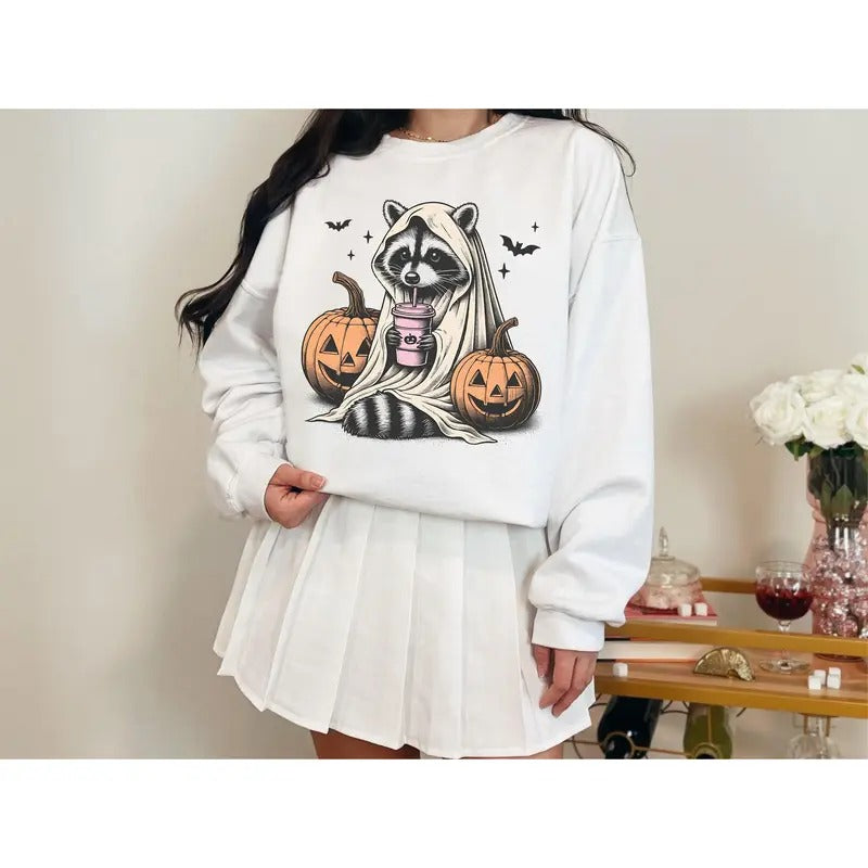 Retro Raccoon Halloween Sweatshirt Cute Raccoon Ghost Crewneck Sweatshirt Vintage Pumpkin Fall Sweatshirt Spooky Season Gift T-shirt, sweater and Hoodie