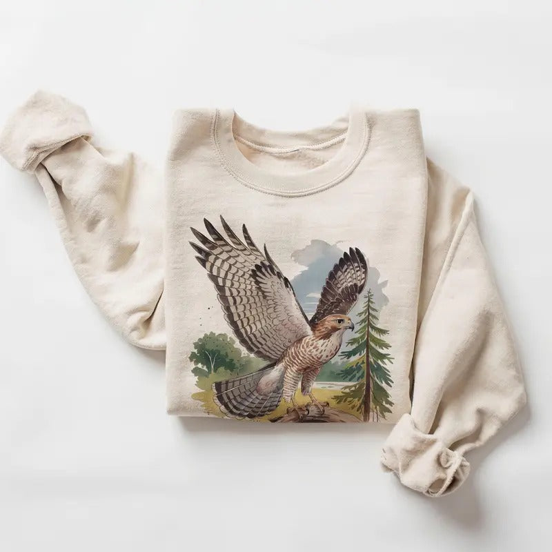 Retro Red Tailed Hawk Wings Spread Birding Sweatshirt - 90s Vintage Birds Of Prey Forest Nature Scene - Boho Unisex Crewneck Sweatshirt