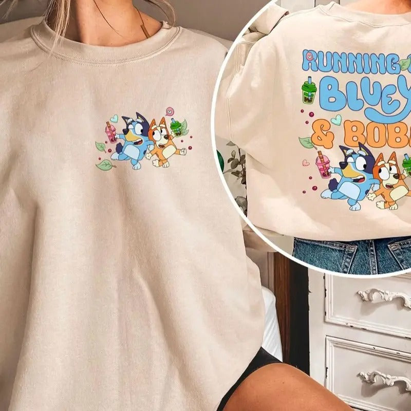 Retro Running On Bluey and Boba Shirt, Bluey and Bingo Shirt, Bluey Sweatshirt, Bingo Hoodie, Bluey Family Shirt, Bluey...
