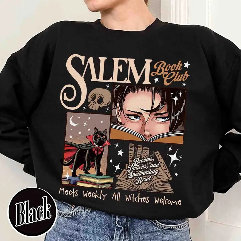 Retro Salem Book Club Sweatshirt, Bookish Halloween Tee, Black Cat Spooky Book Lover Shirt, Salem Witches, Spooky Season Fall