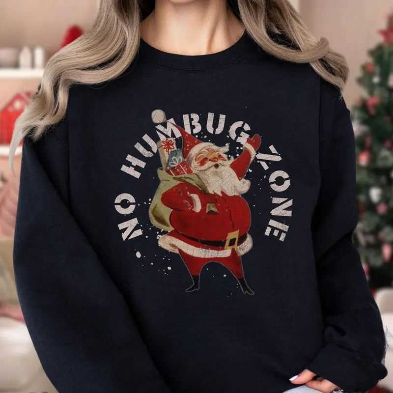 Retro Santa Christmas Sweatshirt, Funny Ugly Xmas Sweater, Vintage Santa Shirt for Teacher, Retro Christmas Shirt for Moms, No Humbug Zone