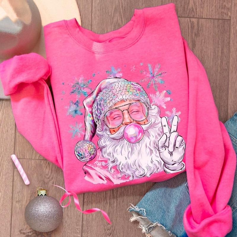 Retro Santa Sweatshirt, Pink Christmas Shirt, Women's Holiday Crewneck, Xmas Gifted for Her, Trendy Festive Sweatshirt, Santa Bubblegum Shirt, Girly Christmas Sweatshirt, Cute Santa Shirt