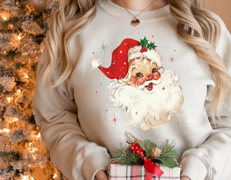 Retro Santa Sweatshirt, Vintage Santa Sweatshirt, Santa Hat Christmas Sweater, Xmas Christmas Gift Shirt, Christmas Matching Family Sweatshirt, Christmas Holiday Clothing, Women Christmas Sweatshirt