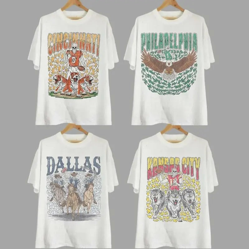 Retro Skeleton All Teams Football T-shirt, Gildan 5000 Unisex Crewneck Sport Classic T-Shirt All Teams Football, White Menswear Soft Tee