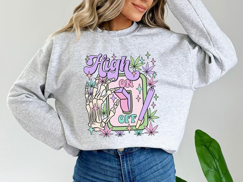 Retro Skull Cannabis Inspired Sweatshirt, Vintage Style Hemp Sweatshirt with Skeleton & Light Switch, Skull Hand Turning on Light Switch Sweatshirt