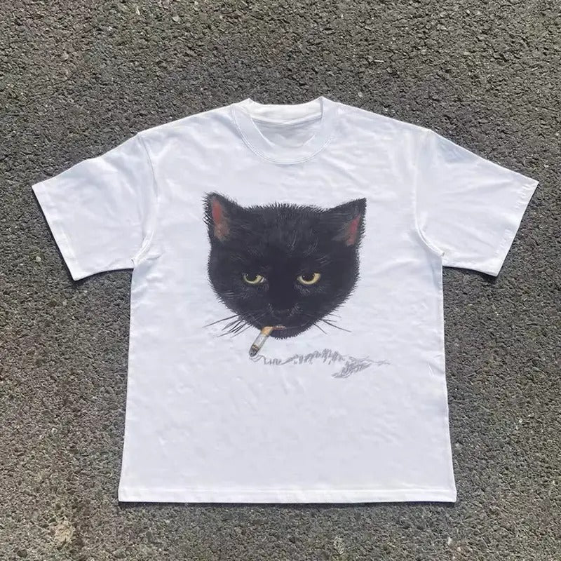 Retro Smoki ng cat graphic tee y2k vintage style white tshirt, Retro tshirt, cat tshirt, Trendy streetwear graphic tees- Menswear Shortsleeve Streetwear