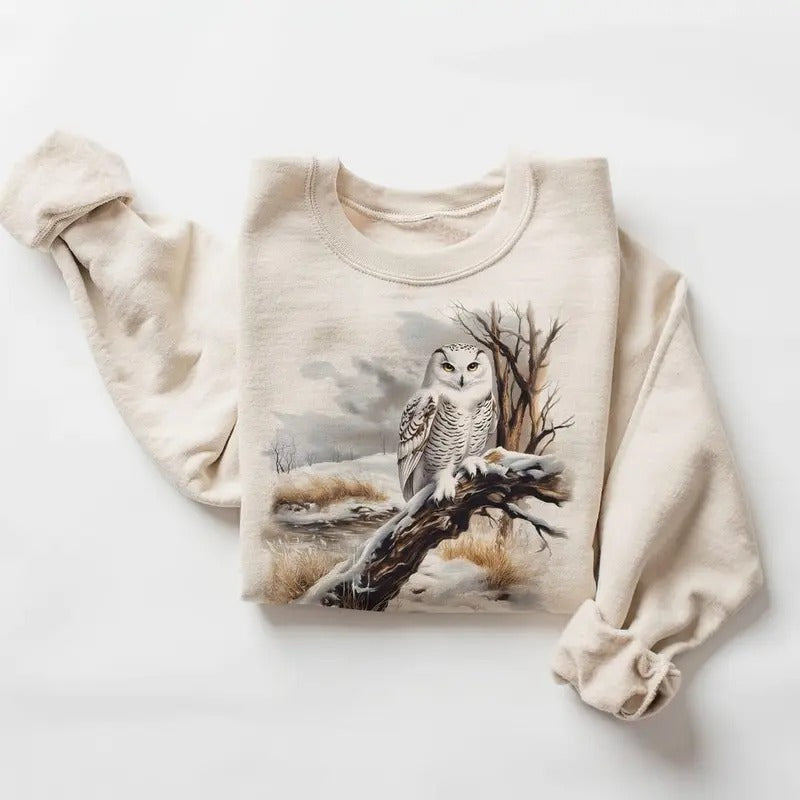 Retro Snowy Owl Winter Scene Sweatshirt - Nineties 90s Vintage Owl Perched On Tree Birds Of Prey - Boho Unisex Hoodie Tshirt Cotton Menswear