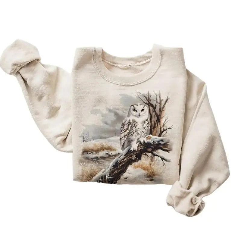 Retro Snowy Owl Winter Scene Sweatshirt - Nineties 90s Vintage Owl Perched On Tree Outfit - Birds Of Prey - Boho Unisex Cotton Pullover