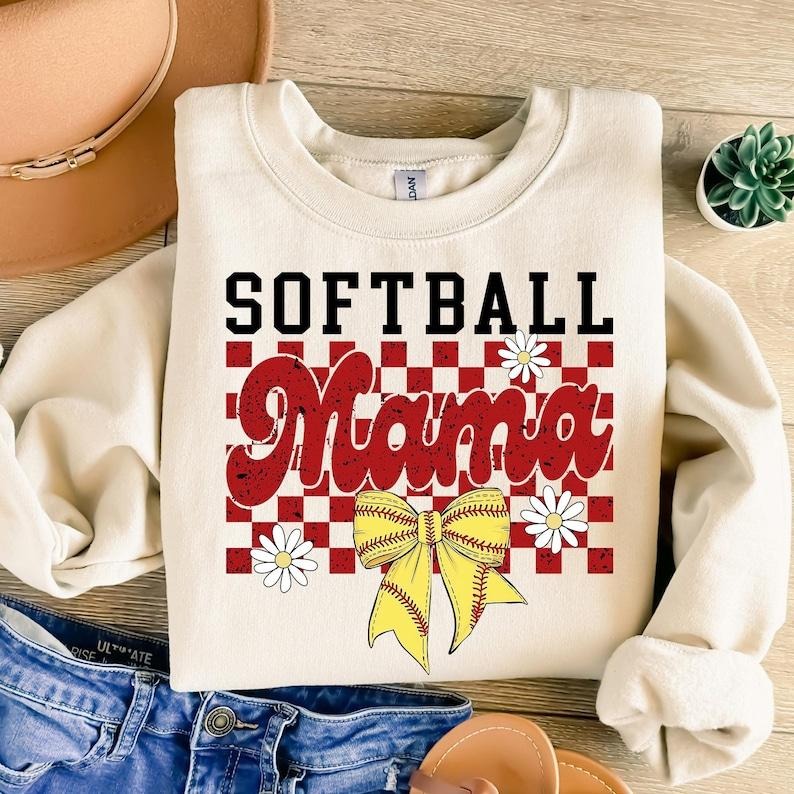 Retro Softball Mama Checkered , Softball , Softball Mom, Game Day ,Checkered Mama , Softball Bow, Softball Coquette Bow Sweatshirtstyle{n002}2