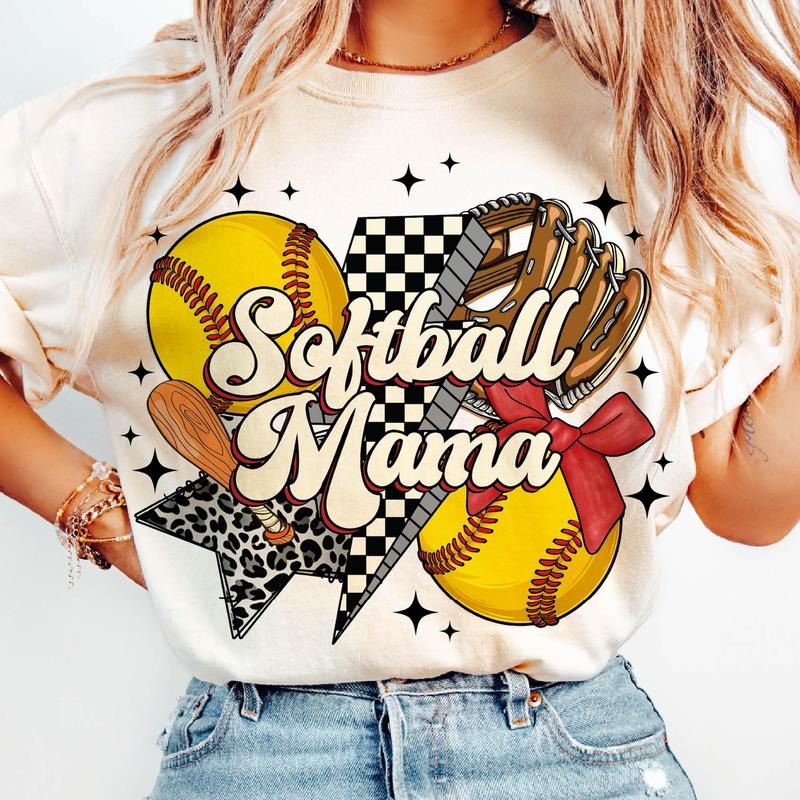 Retro Softball Mama T-Shirt, Softball Mama Shirt, Game Day Softball Bow Shirt, Checker Softball T-Shirt, Softball Mom...