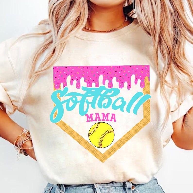 Retro Softball Mom Shirt, Playful Ice Cream Drip Tee, Sporty Fashion
