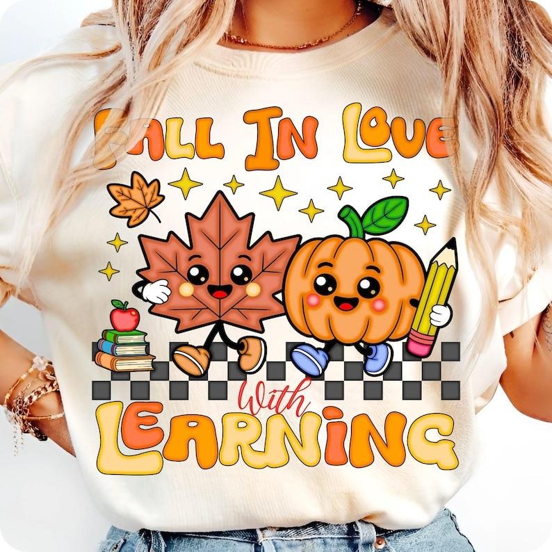Retro Teacher Fall Shirt, Fall in Love with Learning Tshirt, Groovy Pumpkin Teacher Tee, Thanksgiving Autumn School Shirt