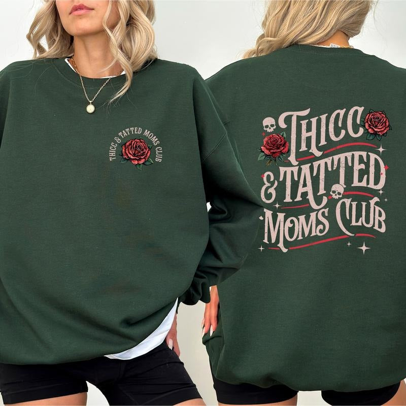 Retro Thicc Tatted Moms Club Sweatshirt, Vintage Tattoo Crewneck for Mom, Gothic Tattoos Are Trashy Sweater, Tattooed Mama Tops, Gift Ideas for Mommy, Comfy Long Sleeve Pullover, Casual Womenswear