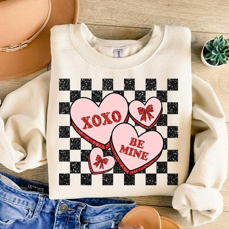 Retro Valentines Heart Candy Sweatshirt Valentines Coquette , Checkered Valentines, Love , XOXO