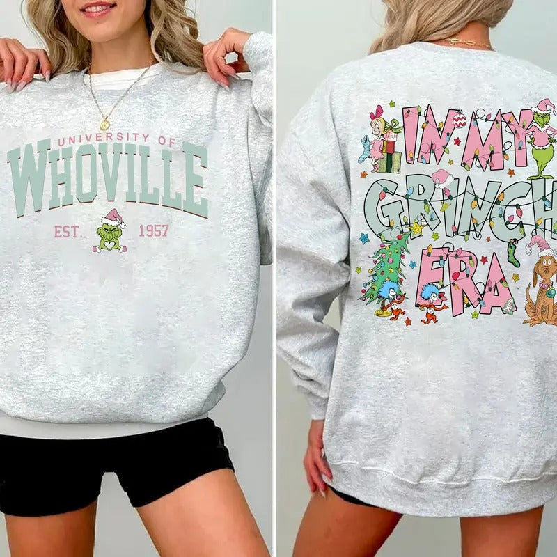 Retro Whoville University Sweatshirt, In My Christmas Era Crewneck, Pink Christmas Shirt, Whoville University Sweater, Cute Christmas Sweatshirt, Vintage Christmas Hoodie