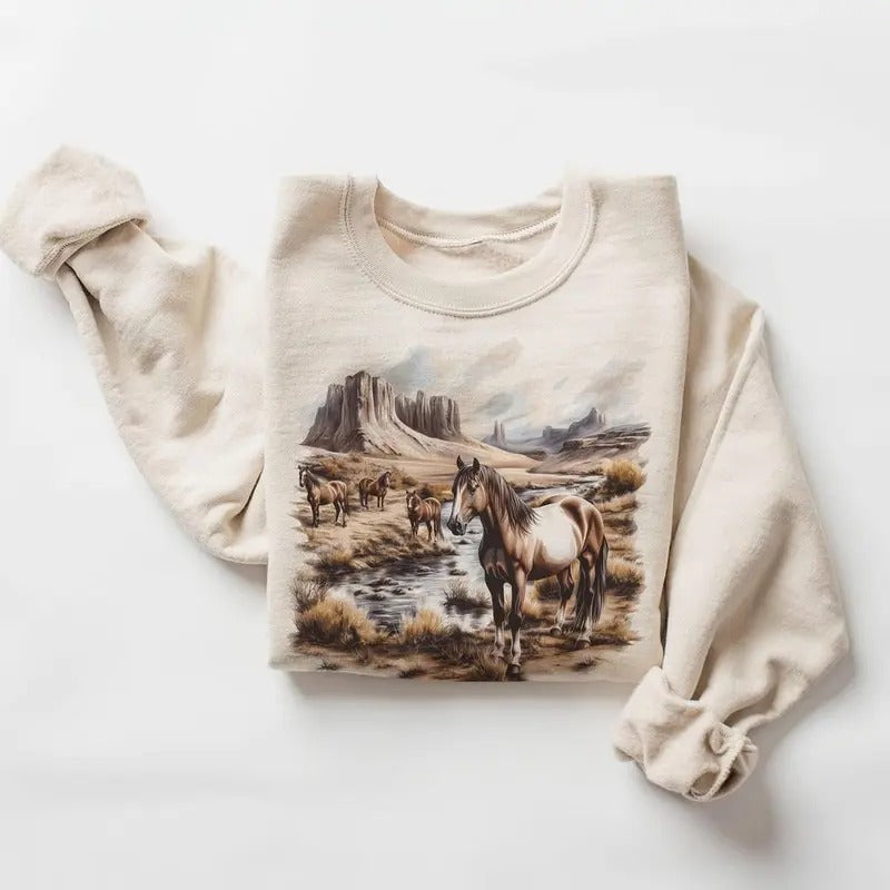 Retro Wild Horses Desert Canyon Fall Scene Sweatshirt - 90's Vintage Horse Lover Gift T-shirt Boho Unisex Pullover Cotton Hoodie Menswear Day