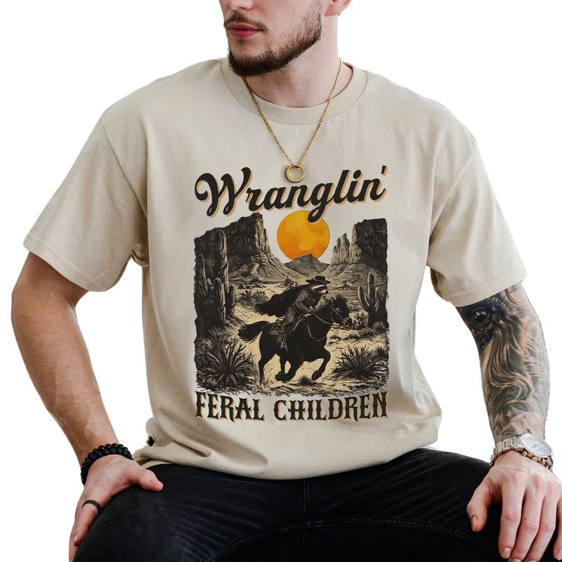 Retro Wranglin' Feral Children Graphic Tee, Vintage Raccoon 90s Western T-shirt For Men, Funny Meme Cowboy Raccoon Tee, Gift For Him