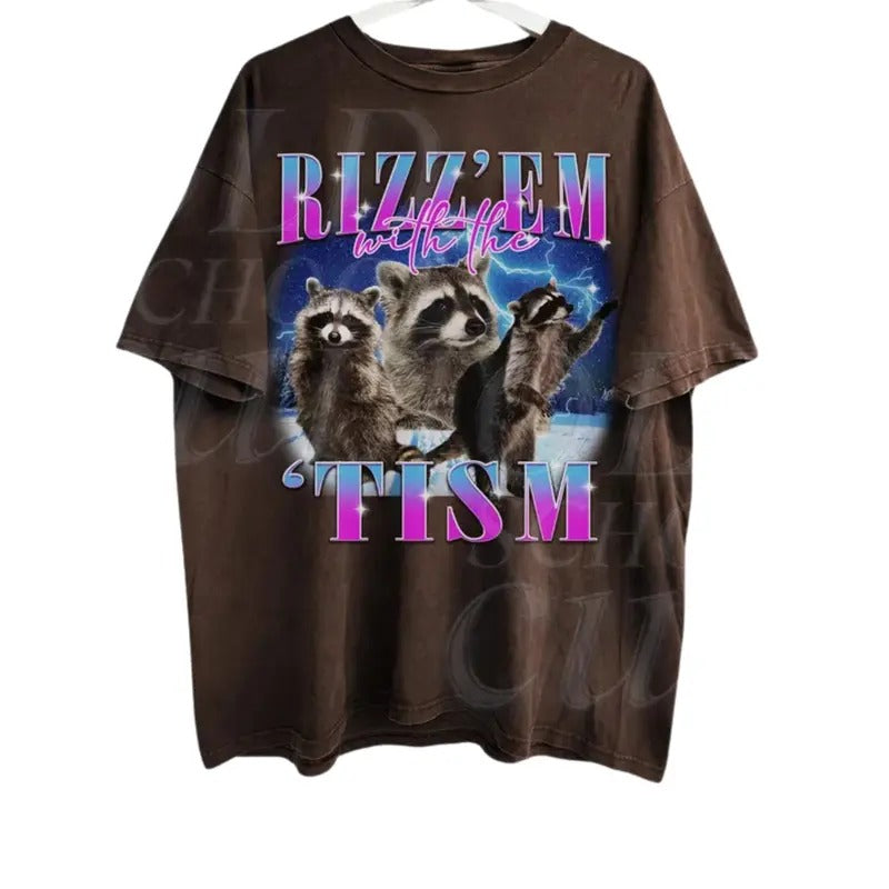 Rizz Em With The Tism Vintage Graphic Shirt, Retro 90s Funny Raccoon Graphic Shirt, Autism Awareness, Raccoon Meme Tee, Funny Bootleg, Tee Menswear Top Underwear Streetwear