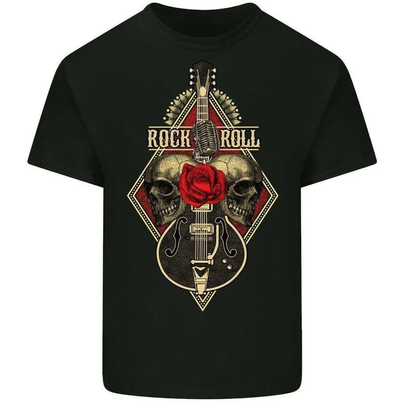 Rock & Roll T-Shirt Guitar Skull Mens Guitarist Biker Death Heavy Metal Music Made in USA