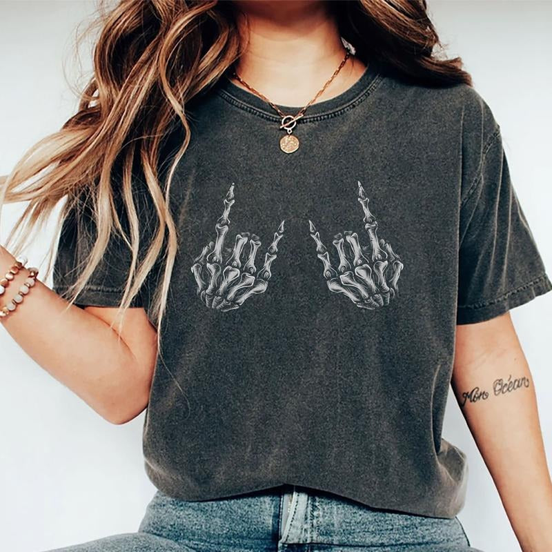 Rock On Skeleton Hands Shirt, Funny Rock Women Tee, Adult Humor Graphic Tee Women, Sarcastic Women Unhinged Shirt, Comfy...