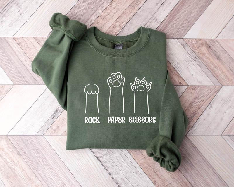 Rock Paper Scissors Sweatshirt, Cat Sweatshirt, Cat Shirt, Funny Cat Paw Shirt, Unisex Crewneck Shirt for Cat Lover, Cat Owner Shirt, Cat Paws Shirts, Gift for Cat Mom