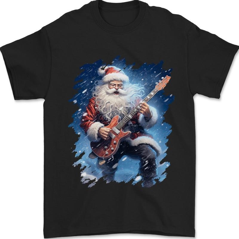 Rock Santa Playing Electric Guitar Christmas Xmas Mens T-Shirt 100% Cotton Made in USA