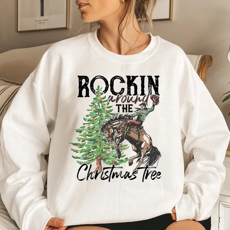 Rocking Around The Christmas Tree Sweatshirt, Women's Christmas Shirts, Retro Christmas Western Shirt,Cowboy Christmas Shirt,Christmas Shirt Cotton Crewneck