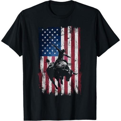 Rodeo Cowboy Western USA Flag Cowboys T-Shirt Made in USA