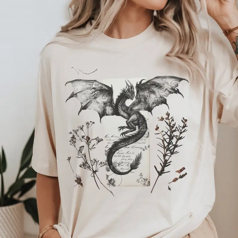 Romantasy Reader Dragon T-Shirt Pressed Wildflowers and Dragons Shirt Retro Design Booktok Merch