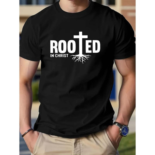 "Rooted In Christ" Pattern Printing Cotton Casual Novel Men's T-shirt, Short-sleeved Summer Shirt, Comfortable Fit, Fashionable Street Style Round Neck T-shirt, Suitable For Daily And Outdoor. Made in USA