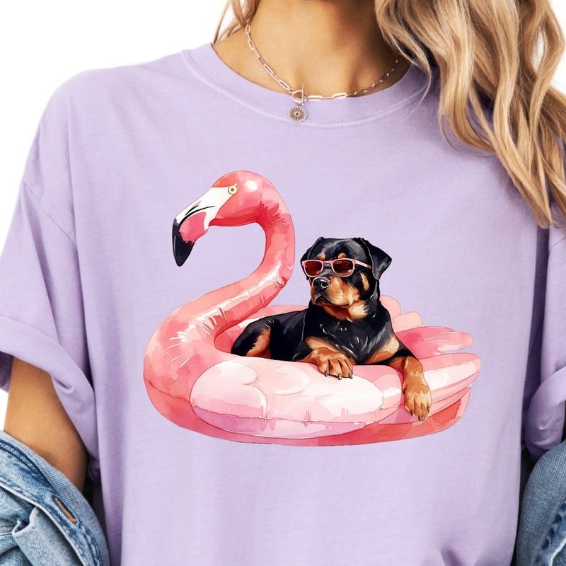 Rottweiler Flamingo Float Dog Shirt ~ Unisex Apparel Relaxed Fit Printed In The USA Clothing Womenswear Casual Comfort Cotton Top Athletic Boho Chic